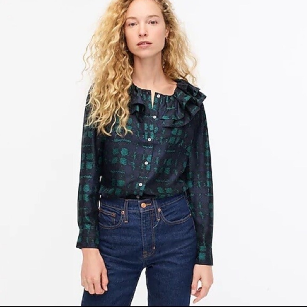 J. Crew Collection Silk Twill Plaid Ruffle Neck Blouse - Size Medium